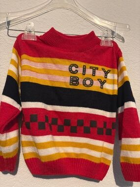 Twisted Red Mock-Neck Striped Sweater with City Boy Graphic